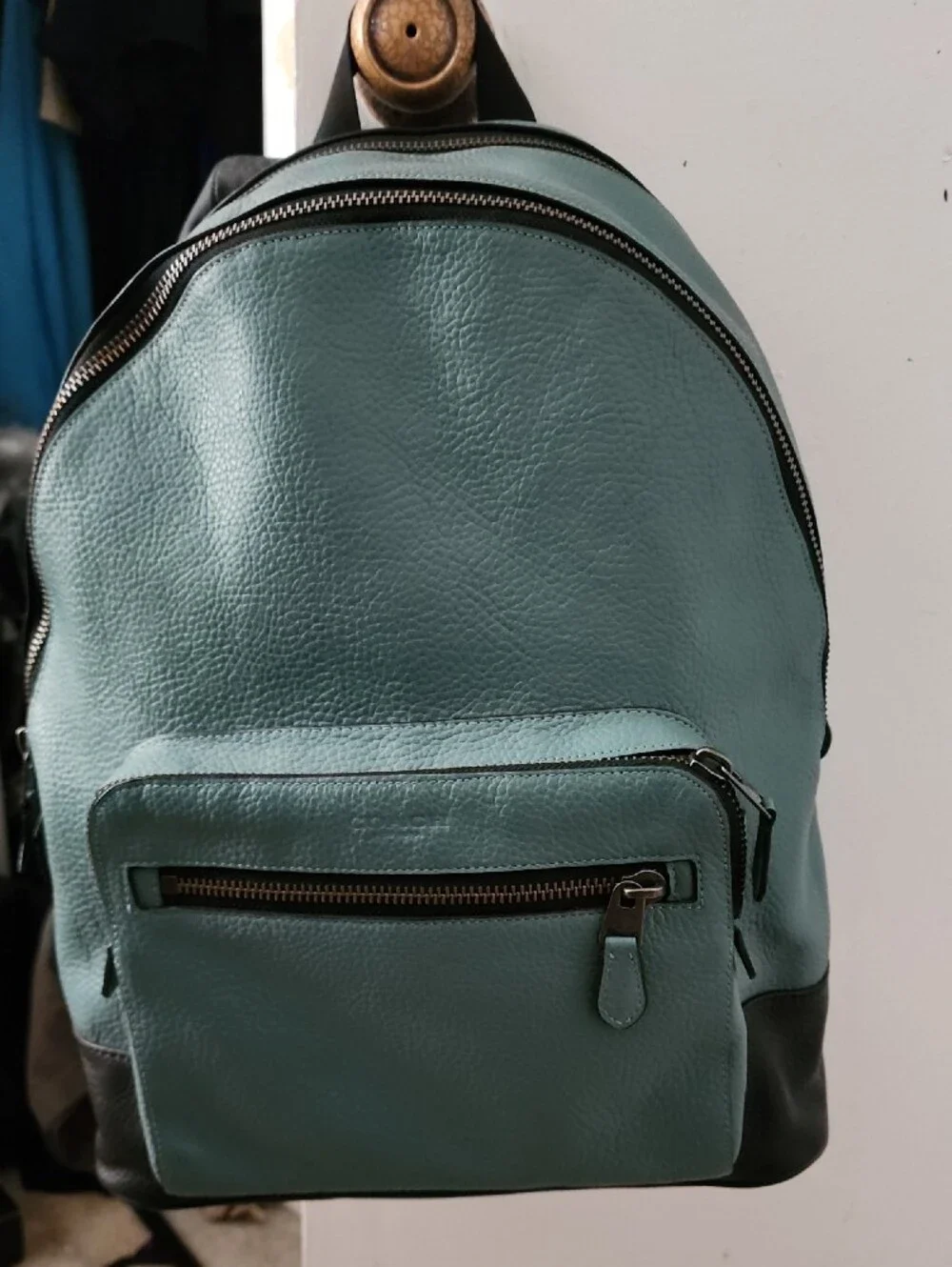 Coach Teal and Black Leather Backpack with Front Zip Pocket